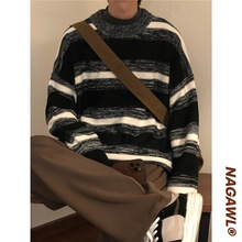 宽松冬季男装潮流设计感黑白条纹针织衫男美式复古套头毛衣慵懒风