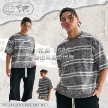 ETAI男装|高级感宽松型潮牌条纹T恤男复古风男士重磅水洗圆领短袖