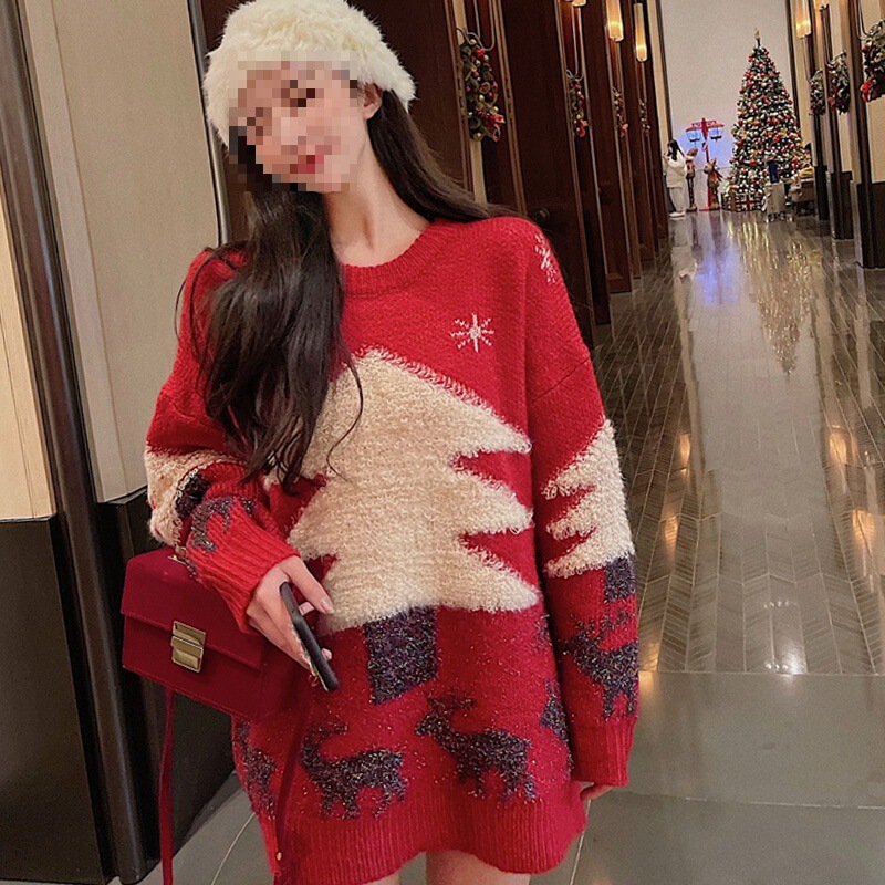 2026 Autumn and Winter New Korean Dongdaemun Style Sequined Christmas Tree Loose Casual Pullover Sweater for Women