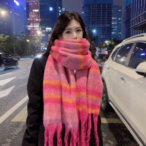 围巾女冬季高级感彩色围巾毛毛流苏大披肩保暖百搭氛围感条纹围脖|undefined