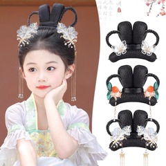 子供用漢服帽子、古代風ウィッグ、細かく編まれたおだんごヘア、女の子のステージパフォーマンス、かわいいおだんごヘアスタイル