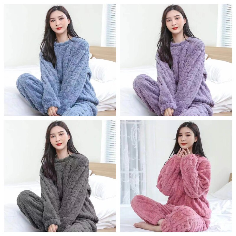 2026 Solid Color Jacquard Soft Cotton Fleece Warm Set Autumn and Winter Unisex Thickened Thermal Couple Pajamas Homewear