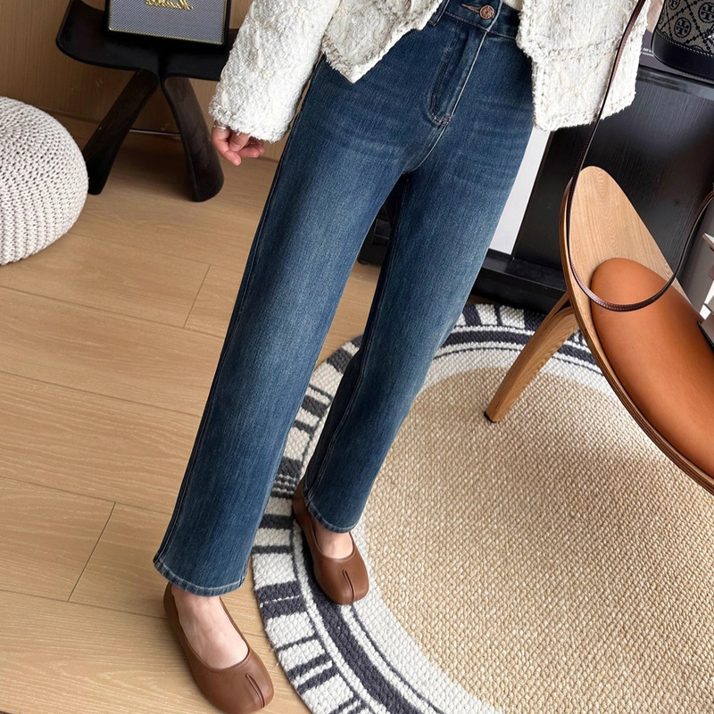 Straight-Leg Magic Pants! 2025 Spring and Autumn Slim Cigarette Jeans, Narrow Version with Four-Way Stretch, High-Waisted Cropped Straight-Leg Pants for Women