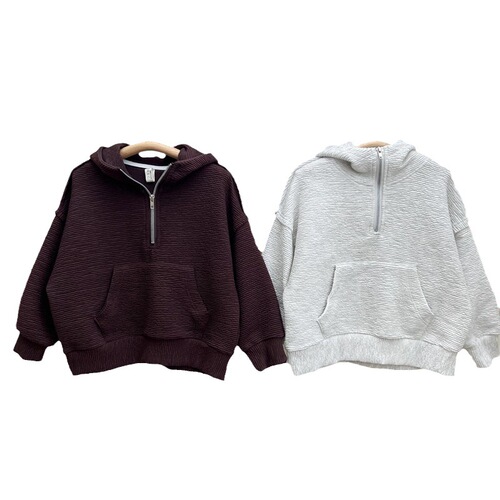 Texture  Autumn New Children's Half Zip Pleated Sweatshirt for Boys and Girls Solid Color Bubble Pleat Hooded Sweatshirt