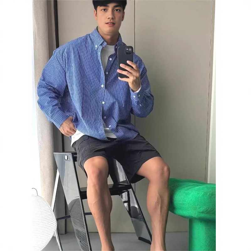 American Classic Blue Plaid Shirt Men's Tough Guy Loose Long-Sleeved Cardigan Casual Workwear Fitness Sports Shirt