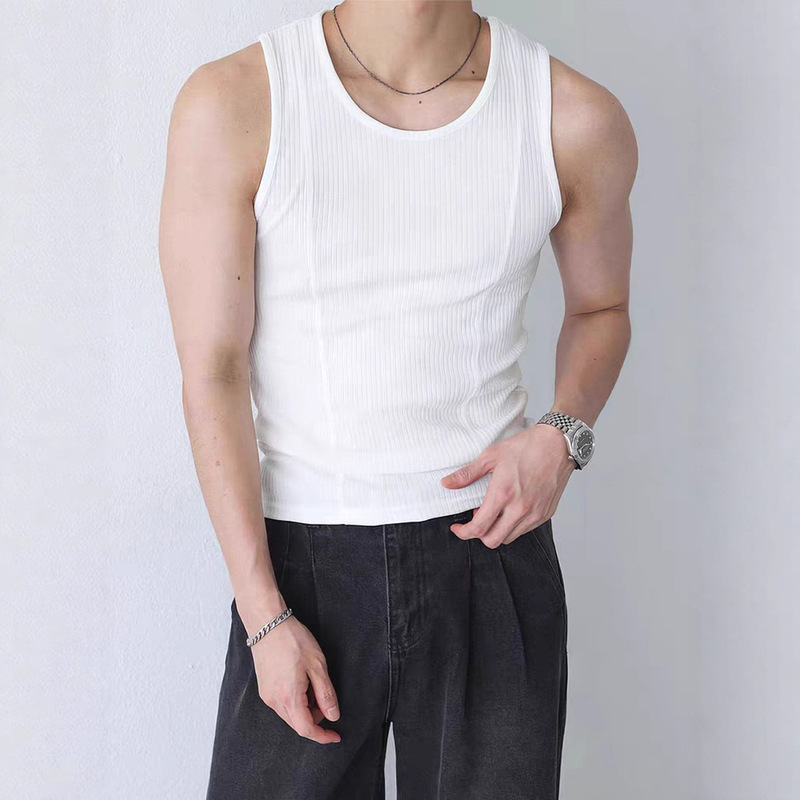 American-Style Heavyweight Cotton Ribbed Tank Top for Men, with Visible Stitching, Tight-Fitting, Stretchy Sleeveless T-Shirt, U-Shaped Large Collar, Breathable Base Layer Vest