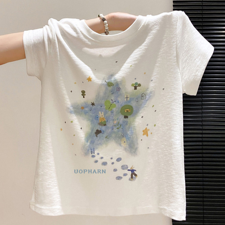 Cute cartoon print white cotton short-sleeve t-shirt for women, 2026 summer new slim-fit base shirt top