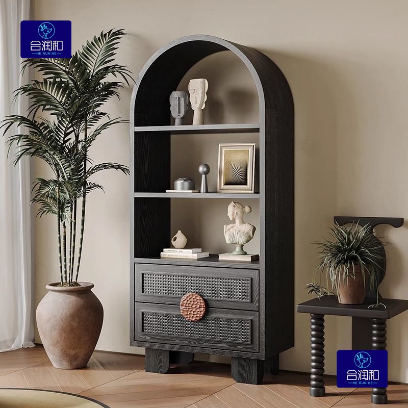 American Mid-Century Style Light Luxury Bookcase Living Room Black Storage Rack Storage Drawer French Retro Arched Door Display Cabinet