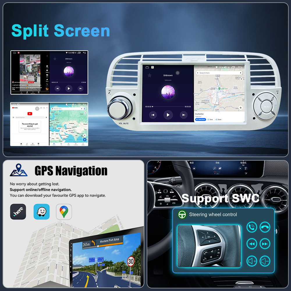 07-14 피아트 500 7 인치 자동차 GPS 네비게이션 지능형 내비게이션 올인원 기계의 국경 간 응용