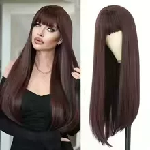Cross-Border New European and American Style Wigs for Women with Bangs, Long Hair, Slightly Curly Hair, Realistic Natural Synthetic Fiber Full Head Wigs