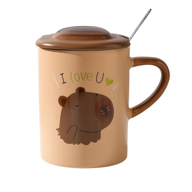 Керамическая кружка с крышкой Cute Capybara Mark, 400 мл, для офиса и дома