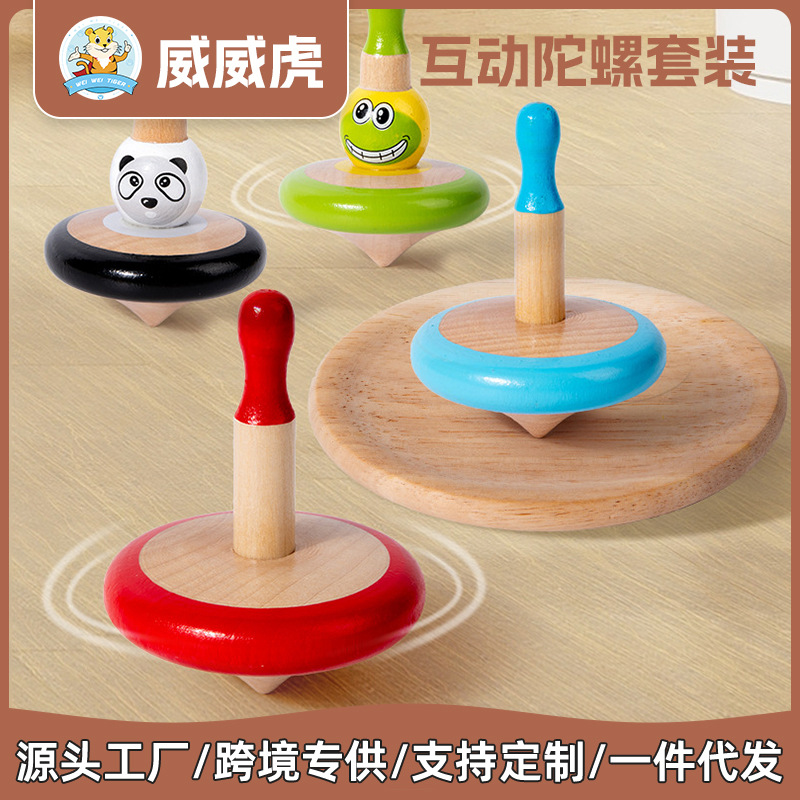 Weiweihu Interactive Top Set Selection de madera maciza resistente a golpes Emoticonos de animales Girar Puzzle Top Juguetes para niños