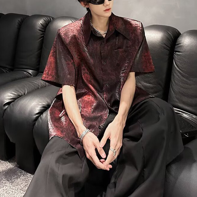 Short-Sleeved Leopard Print Shirt for Men, New Summer Style Trendy Youth Shirt, Half-Sleeved Cool Shirt, High-End Feel