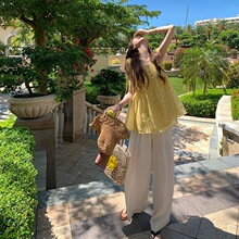 韩系新款2025年夏季甜美『小黄花』轻薄V领无袖衬衫碎花A摆娃娃衫