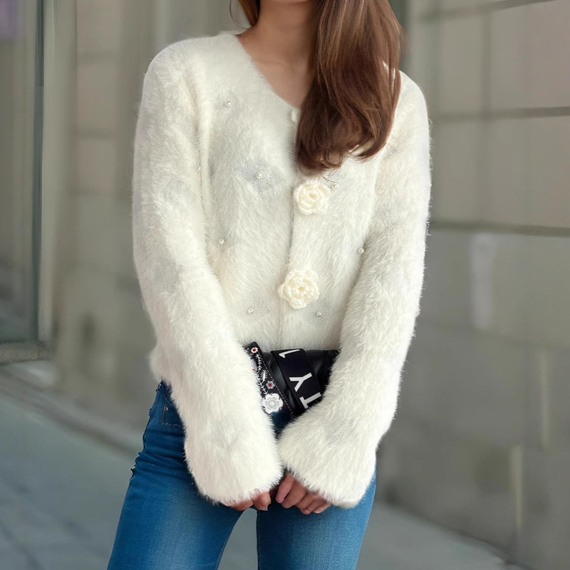 Amazon Cross-Border 2025 Autumn and Winter Short Japanese Style Furry Women's Sweater Round Neck White Mohair Cardigan