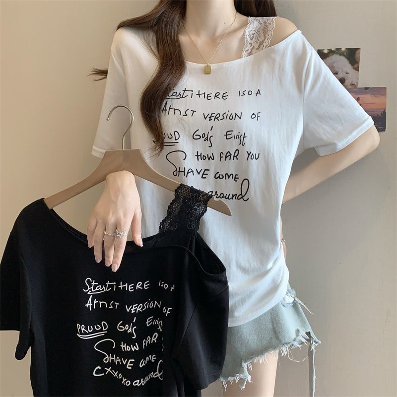 大きいサイズのレタープリントオフショルダー半袖Tシャツ女性用2025年夏新作ファットmmルーズスリミングファッショントップ女性用|undefined