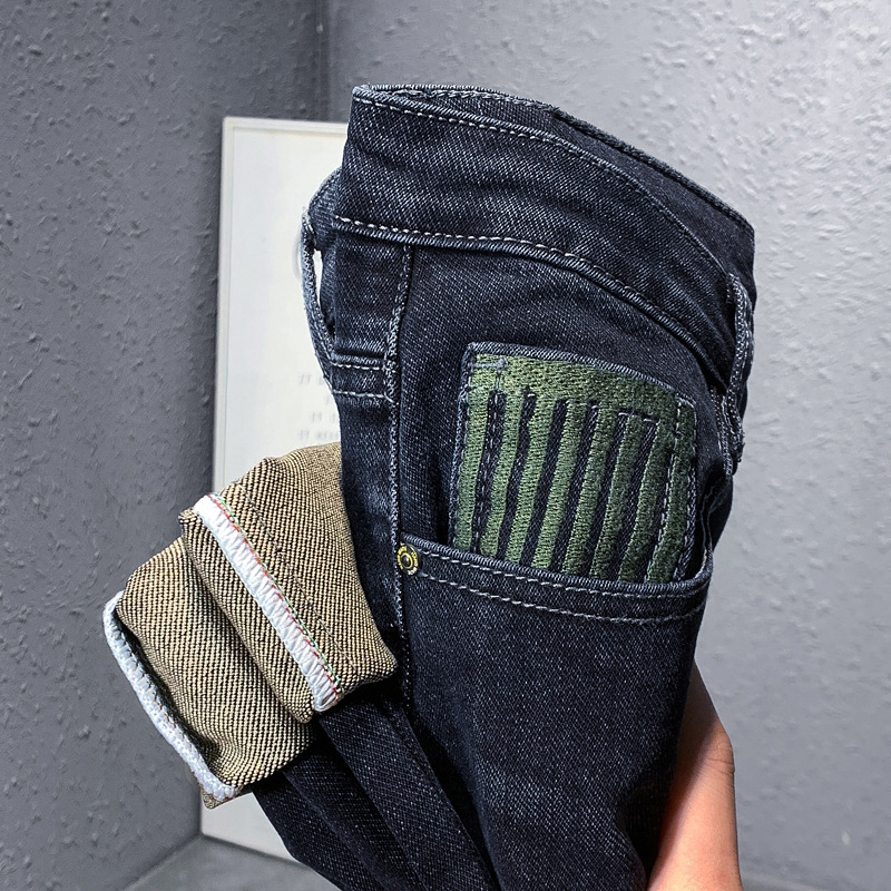 Xintang bordado de los hombres vaqueros delgados estilo coreano versátil adelgazamiento pantalones flacos estiramiento moda casual para niños