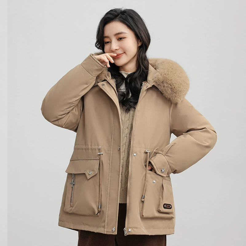 Съемный бархат утолщение pike куртка женский короткий зимний 2024 новый большой шерстяной воротник пуховый хлопчатобумажный костюм женская одежда