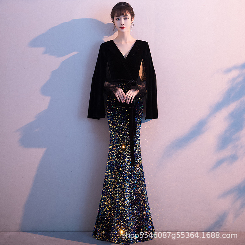 黑色晚礼服裙女2025新款大气鱼尾修身长款年会主持人宴会礼服跨境