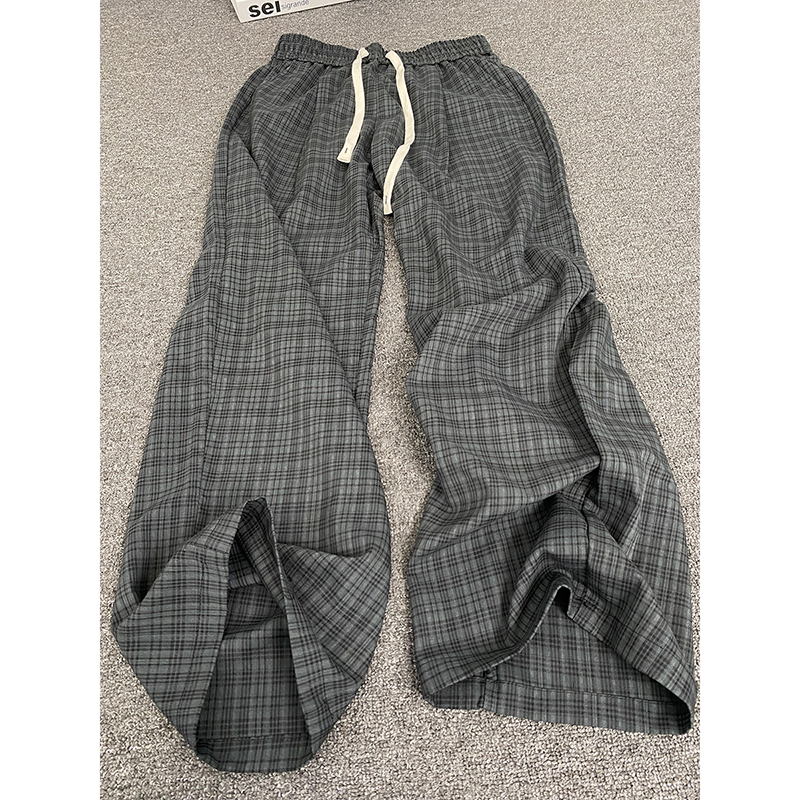 Cleanfit Gray Plaid Pants Men's Summer Thin Loose Lazy Pants American Casual Wide-Leg Straight Pants