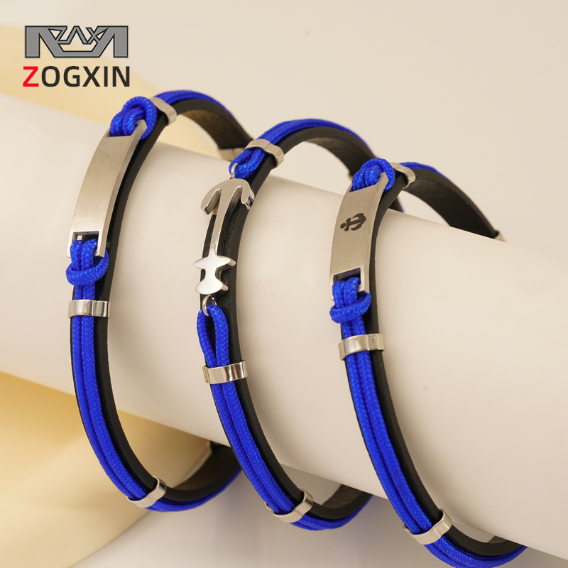 Pulsera trenzada de cuero de acero de barco, cuerdas de cuero para hombres y mujeres, joyas de mano geniales, no se desvanecen, pulseras al por mayor.