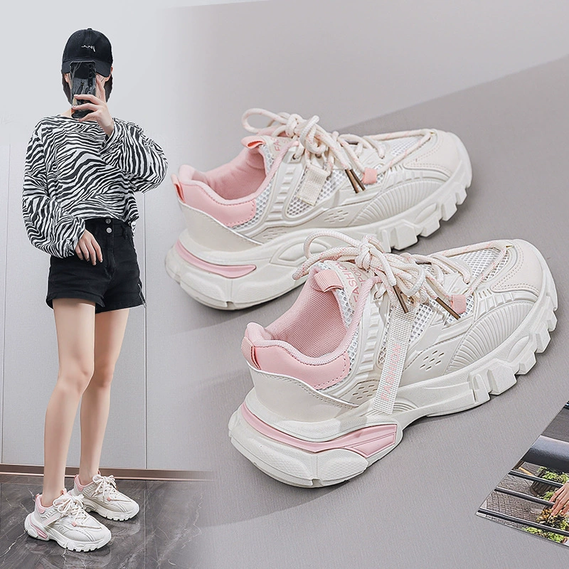 Женская обувь с толстой подошвой, папочка обувь, женская 2024 осень новая универсальная сетка, дышащая повседневная обувь