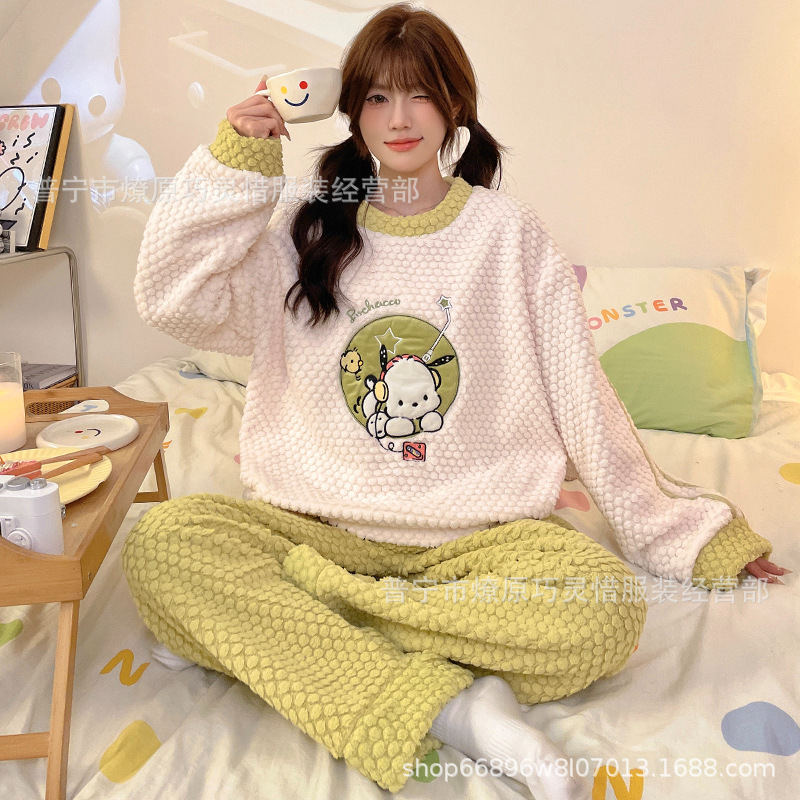 Franela otoño y invierno nueva linda niña caliente y gruesa dulce kitty gato suelto conjunto de pijamas se puede usar fuera