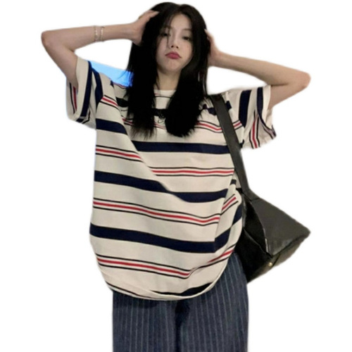 American striped short-sleeved T-shirt for women 2025 summer loose lazy style half-sleeved student versatile tops and T-shirts