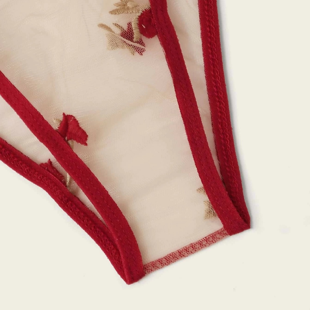 Ropa interior sexy de tres puntos de malla bordado transparente hueco rojo pijamas de mujer europea y americana transfronteriza Comercio exterior entrega de una pieza