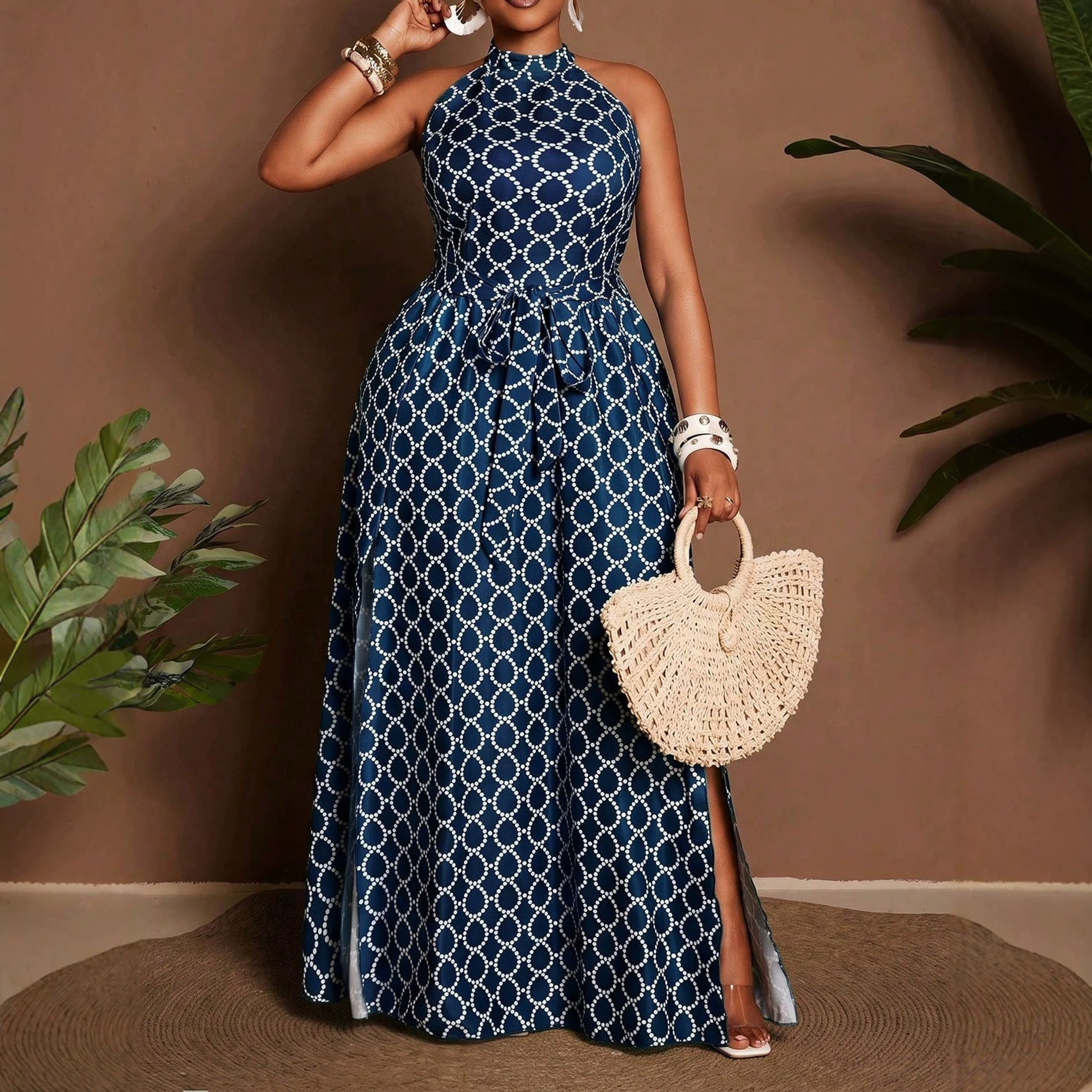 Cross-Border Foreign Trade European and American Plus-Size 2026 Summer New Printed Halter Neck Waist-Cinching Slit Mid-Length Sleeveless Dress