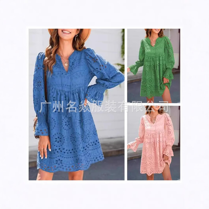 Cross-border foreign trade 2024 Europe and the United States spring and summer women's Amazon hot round neck white hollow loose dress batch Cross-border foreign trade 2024 Europe and the United States spring and summer women's Amazon hot round neck white hollow loose dress batch