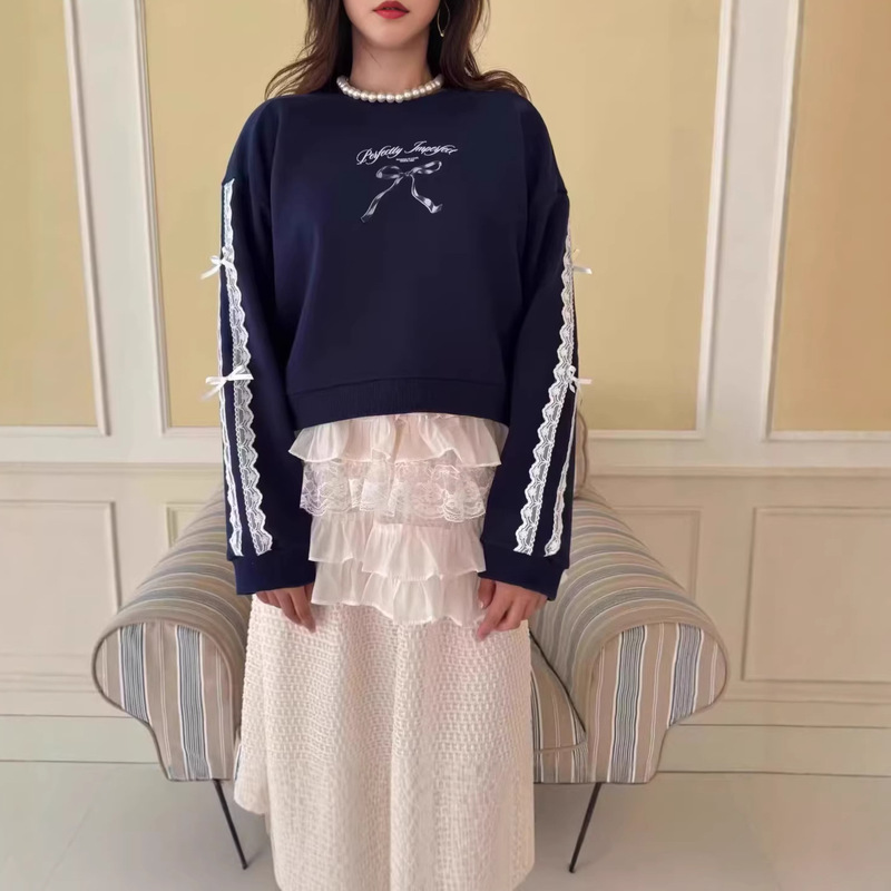 Now Available: Mo*M*S Bow Lace Trim Sweatshirt, Korean Designer Women's Fashion, Simple and Youthful Korean-Style Girl's Top