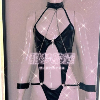 Women's Small Chest Big Leather Sexy Bundle Three-Point Siamese Bold Exposure Siamese suit European and American Sexy Underwear