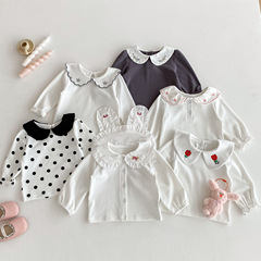 秋服ラペル刺繍入りコットンベビーボトムシャツベビー女の子長袖Tシャツトップス0-3歳服Tシャツ