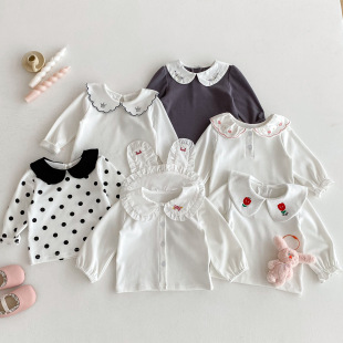 Autumn Outfit with a Turn-Down Collar, Embroidered Cotton Baby Base Shirt, Long-Sleeve T-Shirt for Baby Girls Aged 0-3 Years
