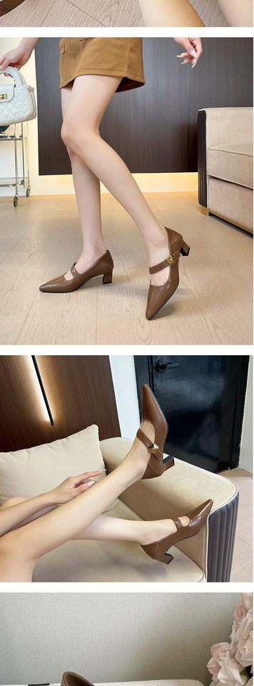 Giày cao gót nữ mũi vuông quai chéo thiết kế tối giản, gót thô 3–6 cm có thể gập gót — Màu nâu, Màu trắng ngà, màu đen chi tiết 9