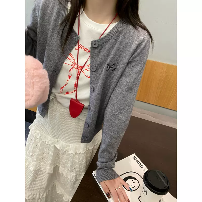 灰色针织开衫外套女外搭2025春季新款宽松慵懒风圆领毛衣打底上衣