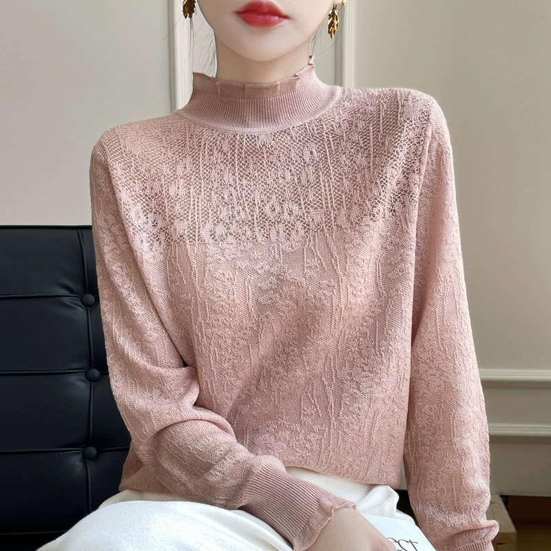 2024 весна и осень новый французский камвольный шерстяной свитер с полувысоким воротником свитер с длинными рукавами кружевной крючком дизайн топ