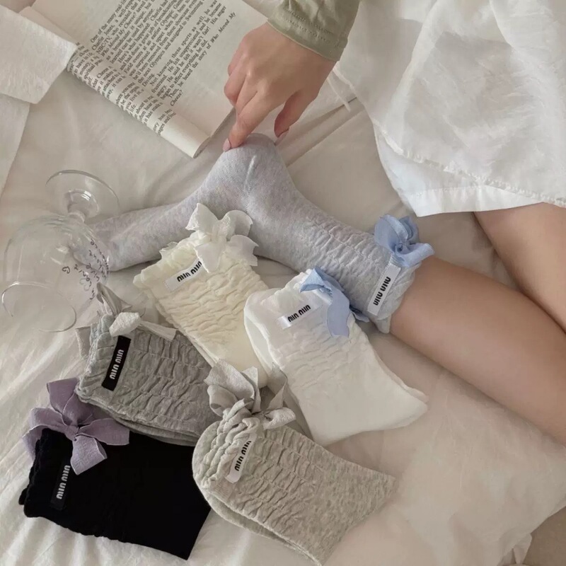 Seamless Backless Large Bow Socks for Women, Trendy Korean Style, Ruched, Sweet Solid Color Bubble Mid-Calf Slouch Socks