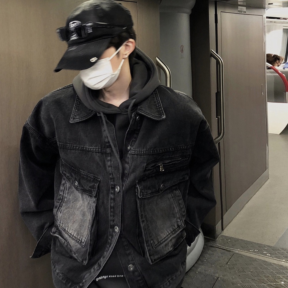 美式高街复古翻领工装黑色休闲夹克宽松牛仔短外套男秋冬2025新款