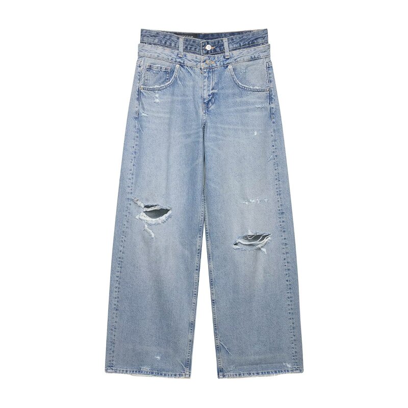 Pb&Za Cross-Border Foreign Trade Fashion Ripped Double-Layer Waistband Loose Mid-Waist Straight-Leg Jeans for Women 3607014