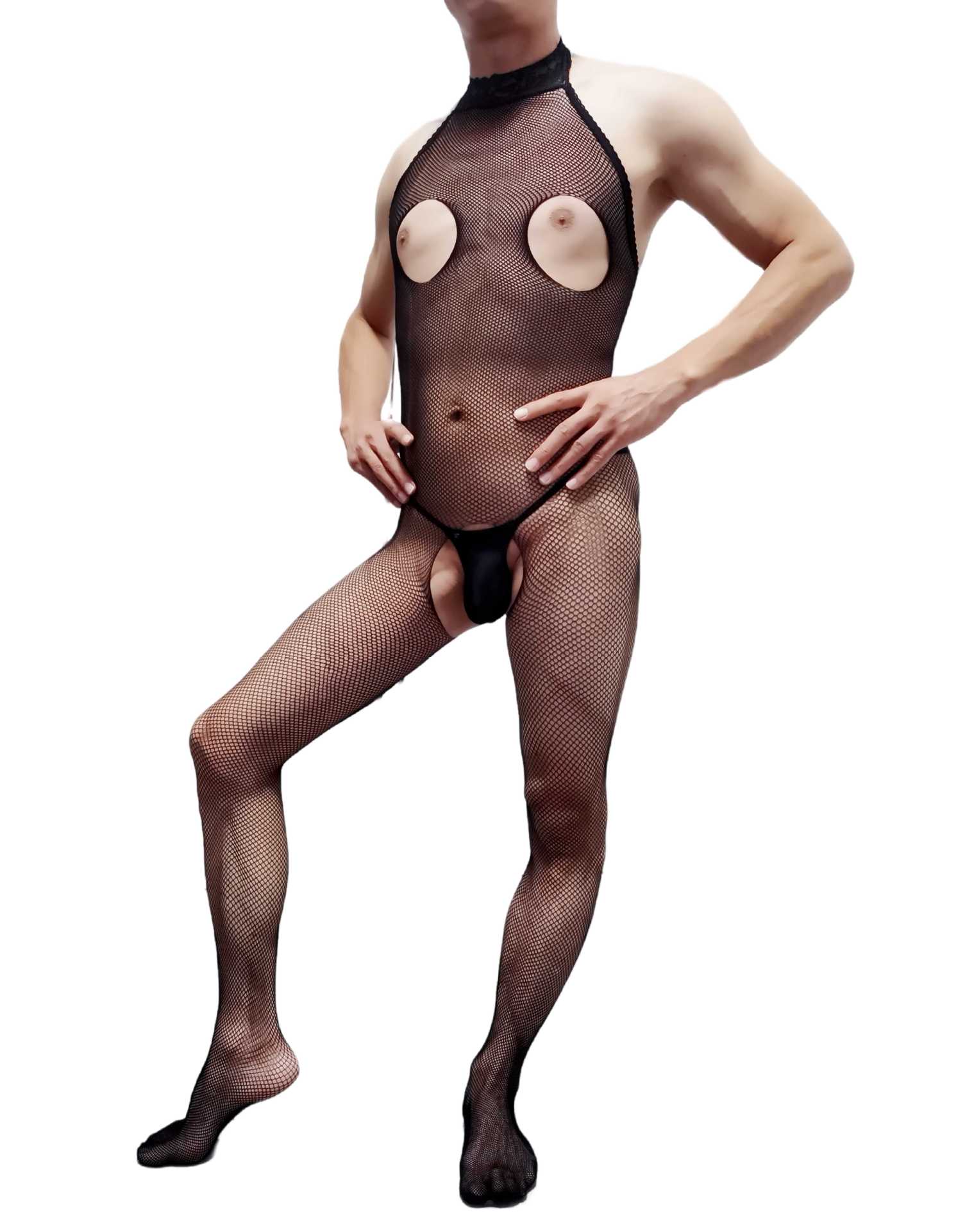 男性のネットの靴下の透かし彫りの開段の頭の連体のストッキングのネットの服の連体の靴下の男性の連体の靴下の袖なしの細いネットはすべて巻きます。