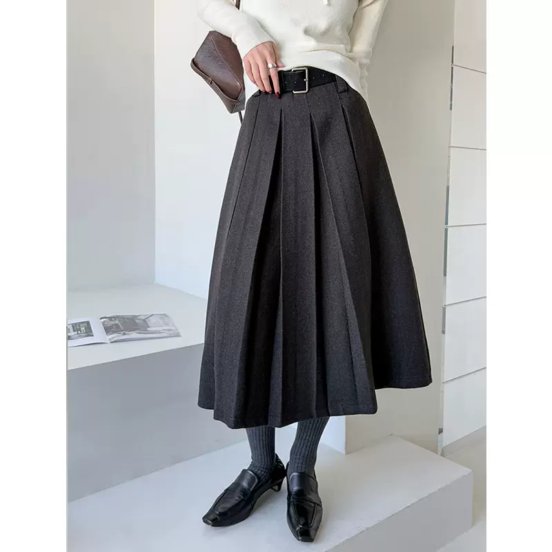 橘芷新款半身裙女秋冬a字伞摆裙子中长款高腰显瘦百褶半身裙5896