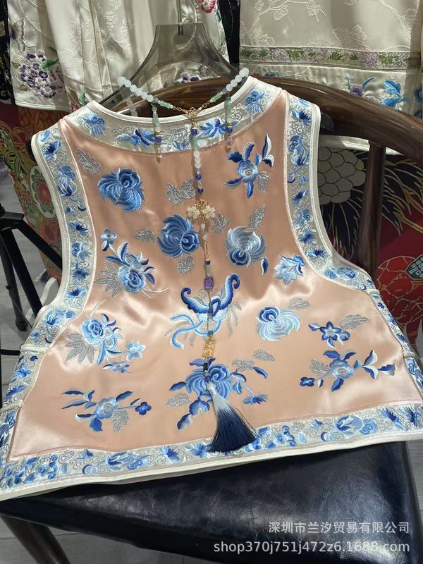 2536 新中国風バックルヘビーアセテートフル刺繍青と白の磁器蝶愛花刺繍ベスト中国風 13 太|undefined