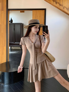 Plus Size Fat mm Lazy Style Pure Color Strap Short-Sleeved T-Shirt Women's Summer Slimming Look Skirt Age-Reducing Fashion Suit