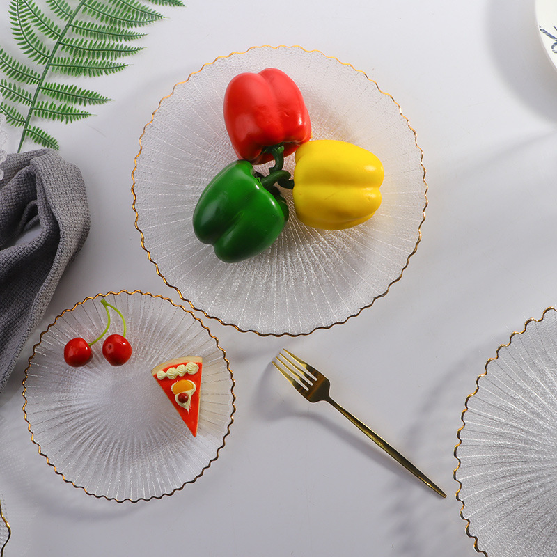 Bandeja de vidrio transparente de estilo insi, bandeja de frutas de borde de hielo, bandeja de postre de la Sala de estar doméstica, bandeja de frutas secas