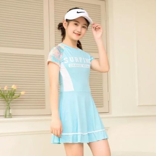 Trendy one-piece children's swimwear, stylish straight-leg girl student sports college-style hot spring short-sleeved swimsuit