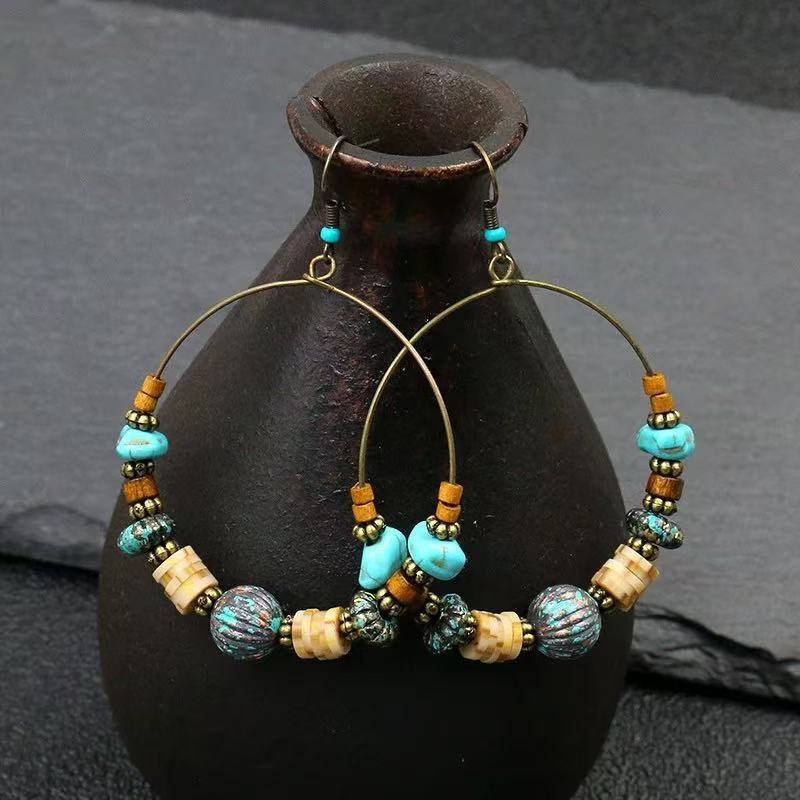 Bohemian Seaside Beach Vacation Ethnic Style Earrings for Women, Retro Hong Kong Style Large Circle Earrings