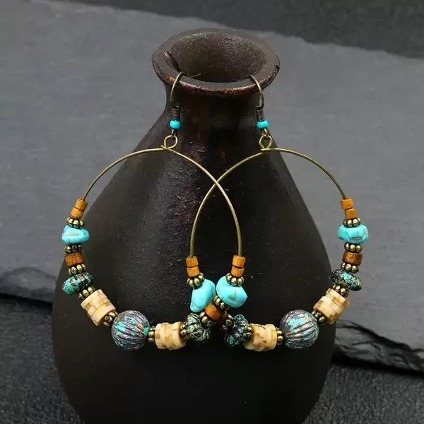 Bohemian Seaside Beach Vacation Ethnic Style Earrings for Women, Retro Hong Kong Style Large Circle Earrings