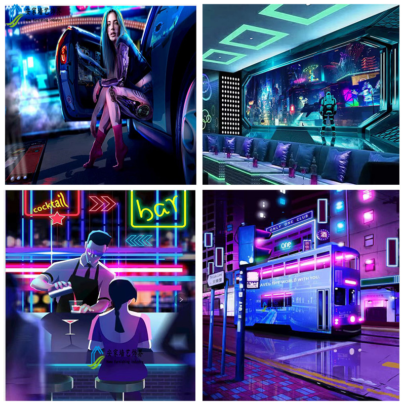 3D赛博朋克墙纸酒吧KTV动感背景墙装饰布电子游戏电竞馆壁纸壁画